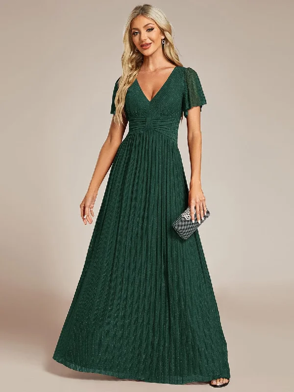 Ball Gown Women Dress with a Full Skirt for a Princess - like LookV-Neck Glittery Short Sleeves Formal Evening Dress with Empire Waist