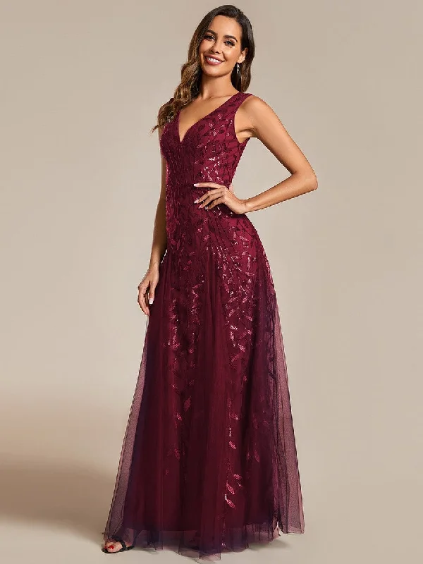 Backless Women Dress for a Sexy and Alluring Look at Evening EventsV-Neck Leaf Sequin Sleeveless A-Line Formal Evening Dress with Tulle