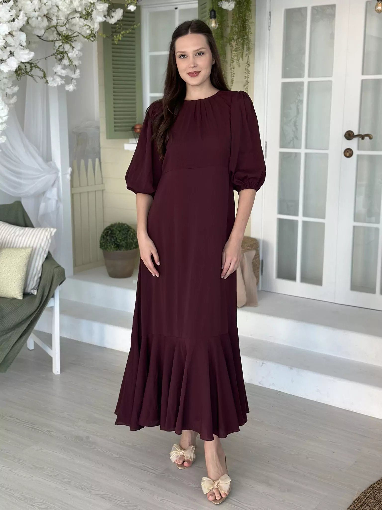 Halter Neck Women Dress to Show Off the Shoulders and NecklineWhispering Petals Long Dress - Maroon