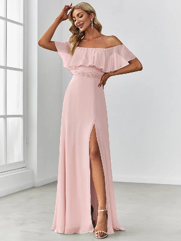 Strapless Women Dress with a Built - in Bra for Comfort and SupportOff the Shoulder Ruffle Bodice Long Flowy Chiffon Bridesmaid Dress