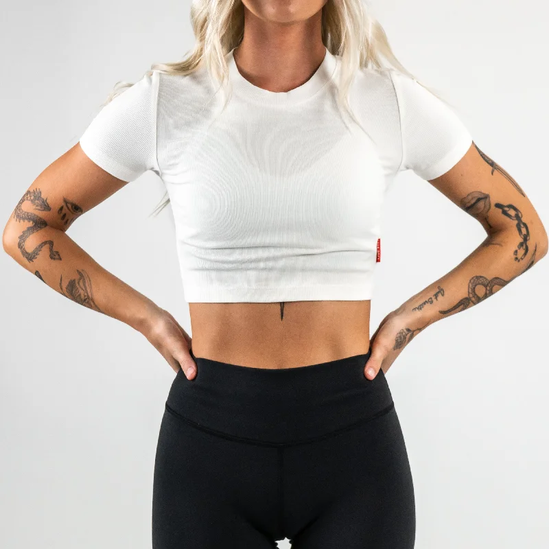 Ringer T Shirt Women with Retro - Inspired StripesAthleisure Crop Tee- Vanilla