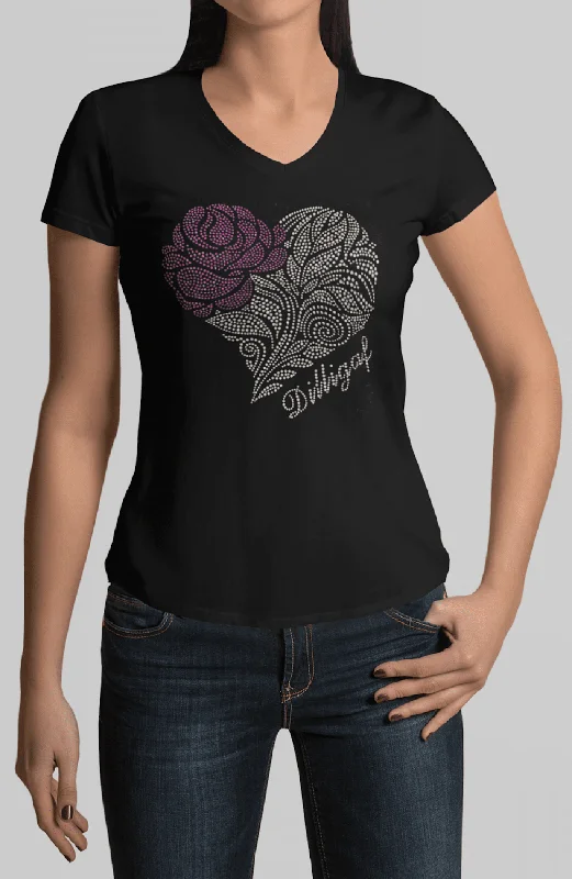 Pocketed Women T Shirt for Added FunctionalityPink Bedazzled Rose